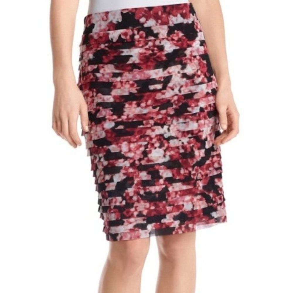 White House Black Market Pink Black Tiered Floral Skirt 8